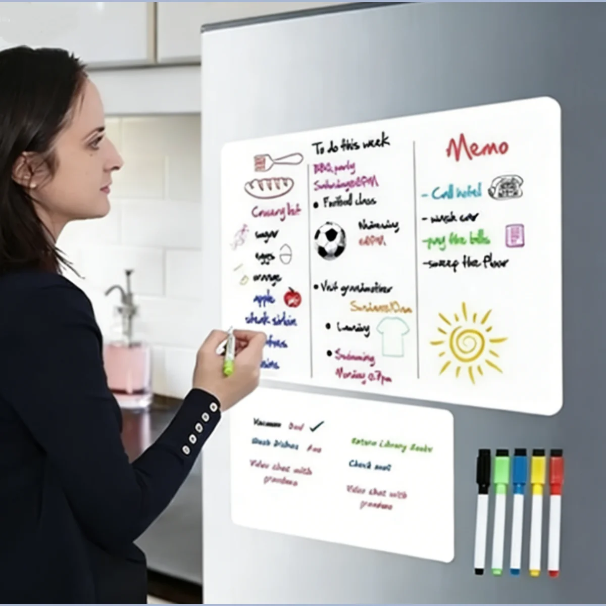 Flexible Magnetic Whiteboard Stickers A3+A4 with Erasable Markers Refrigerator Memo Board for Kitchen Grocery List