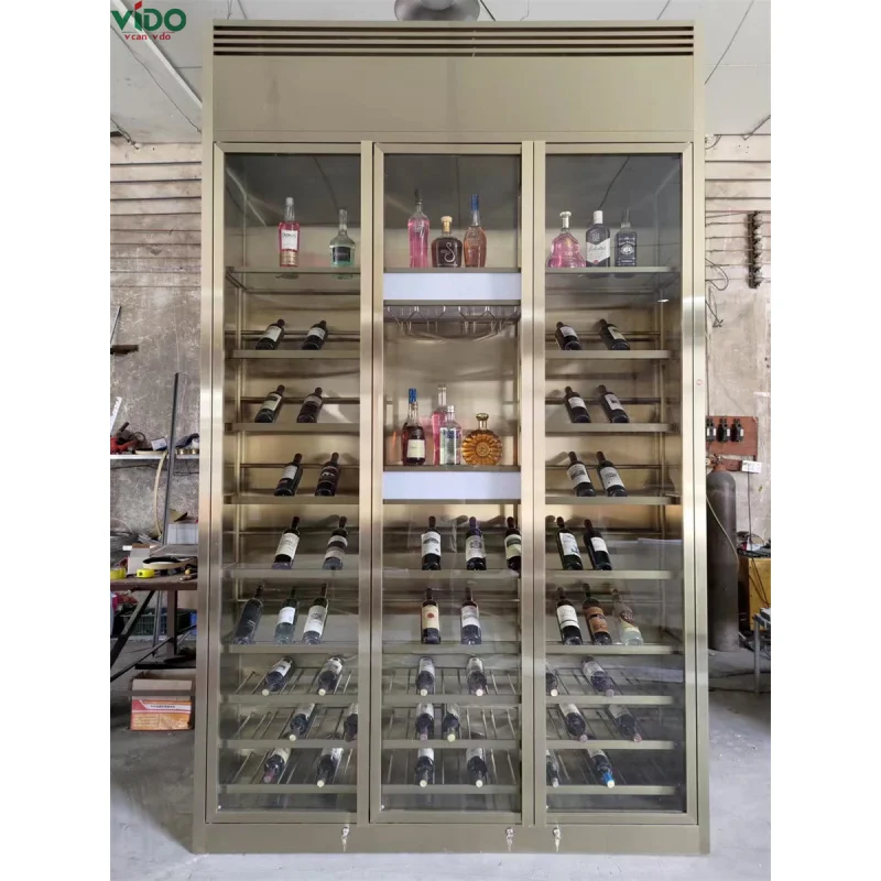 [Customized]modern luxury wine storage cabinets display rack wall stainless steel glass wine cellar restaurant with led ligh