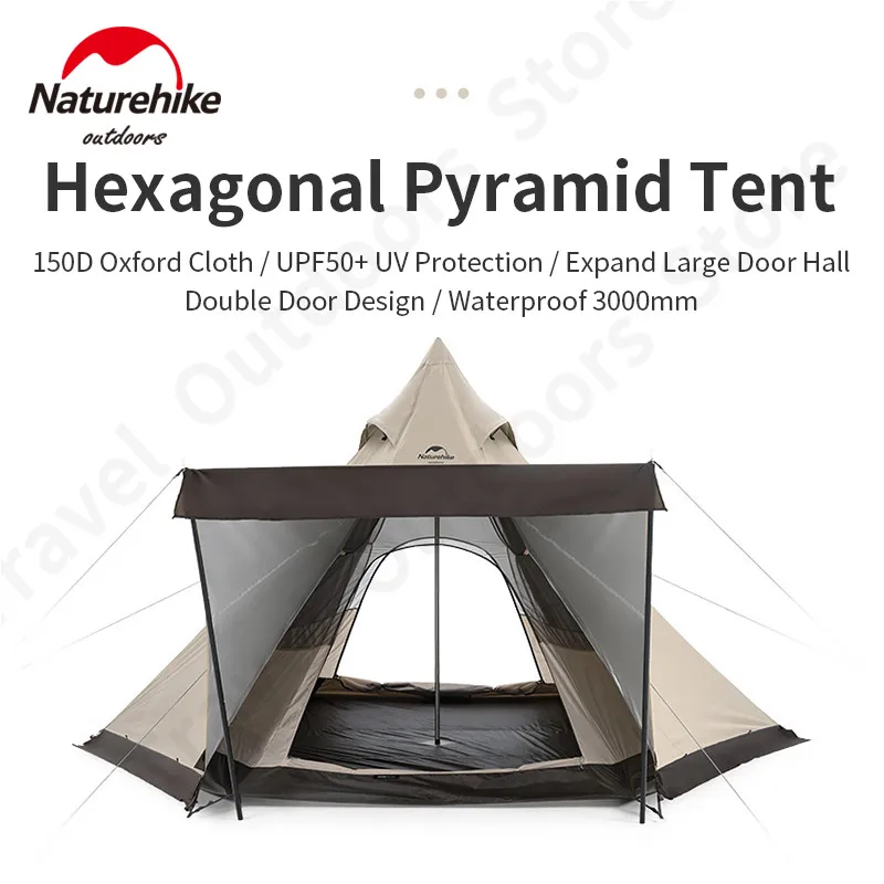 Naturehike 3-4persons Pyramid Camping Tent 15D Large Space 1.7m Big Hall Double Door Portable Family Tent Waterproof 3000mm