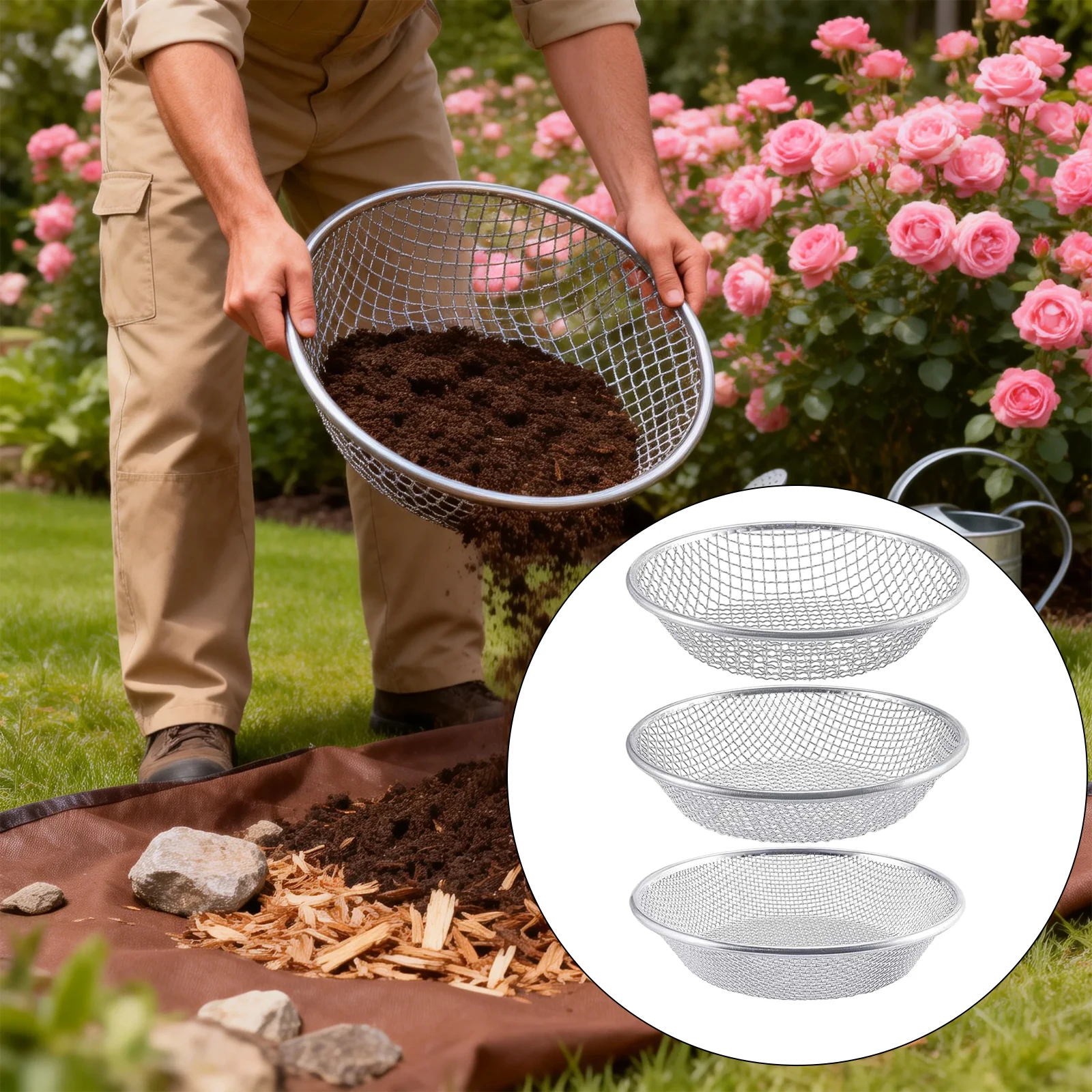 

Набор из 3 садовых сит для просеивания почвы, камней, гравия, компоста для клумб и газонов, для ведер объемом 5 галлонов