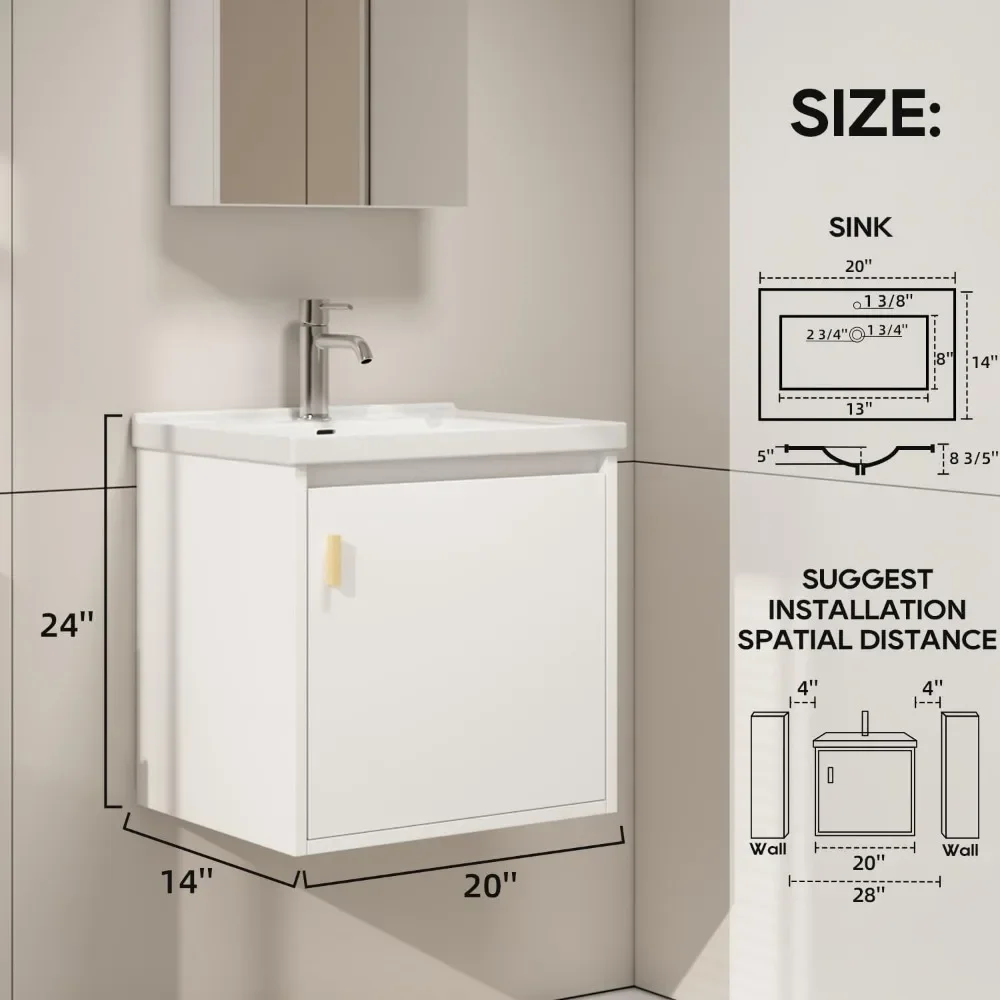 Vanity kamar mandi dengan wastafel, terpasang di dinding, meja rias kamar mandi kecil dengan pintu tutup lembut, kabinet Modern