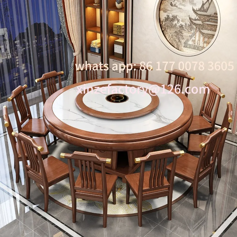 

Customizable solid wood rock slab dining table and chair combination New Chinese-style household round table with turntable