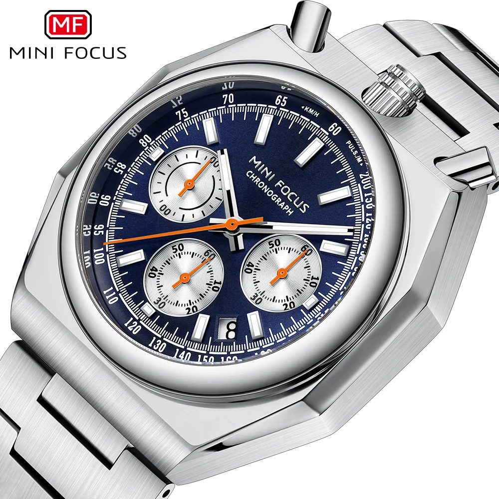 MINI FOCUS Fashion Multifunctional Quartz Watch for Men Calendar Luminous Luxury Stainless Steel Strap Bull Head Mens Watches