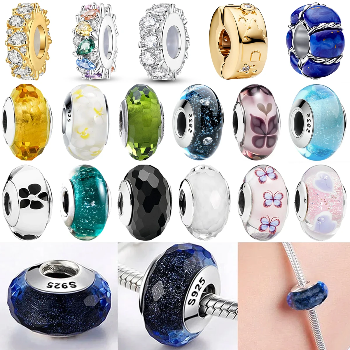 925 Silver Plated Glass Beads Charms Transparent Gradient Colorful Gem Patterns Fit Bracelets Necklaces DIY Gift Fine Jewelry