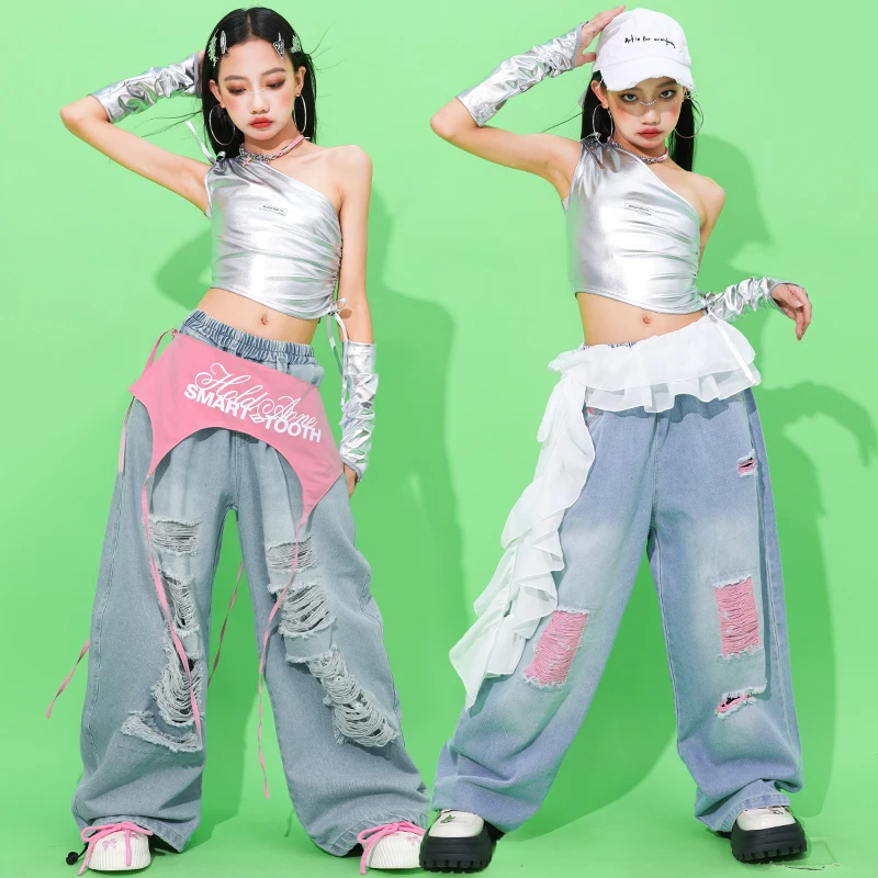 Mädchen Hip Hop Silber Crop Top Rosa Hosen Kinder K-pop Streetwear Kinder Jazz Mädchen Gruppe Kostüm Teen Street Dance kleidung Sets