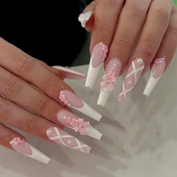 Hot Sale Ladies Girls Long Ballet French Pink Geometric Print Bow and Floral Decoration Full Coverage Wearable Fake Nail Set