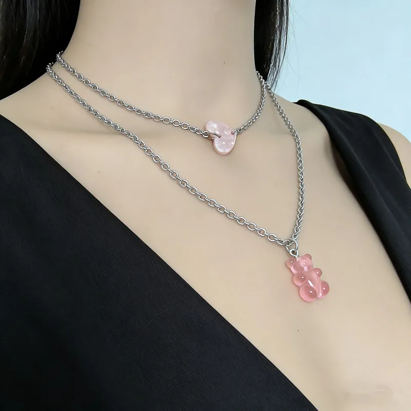 Pink Teddy Bear Heart Double Layered Necklace for Women, Sweet and Cool Y2K Millennium Spicy Girl Style, Layered Collarbone Chain