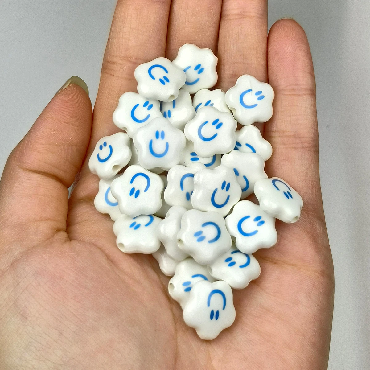 1.4cm  Handmade Flower Blue Smiley face Ceramic bead  For DIY Bracelet Keychain Necklace Gifts Accessories