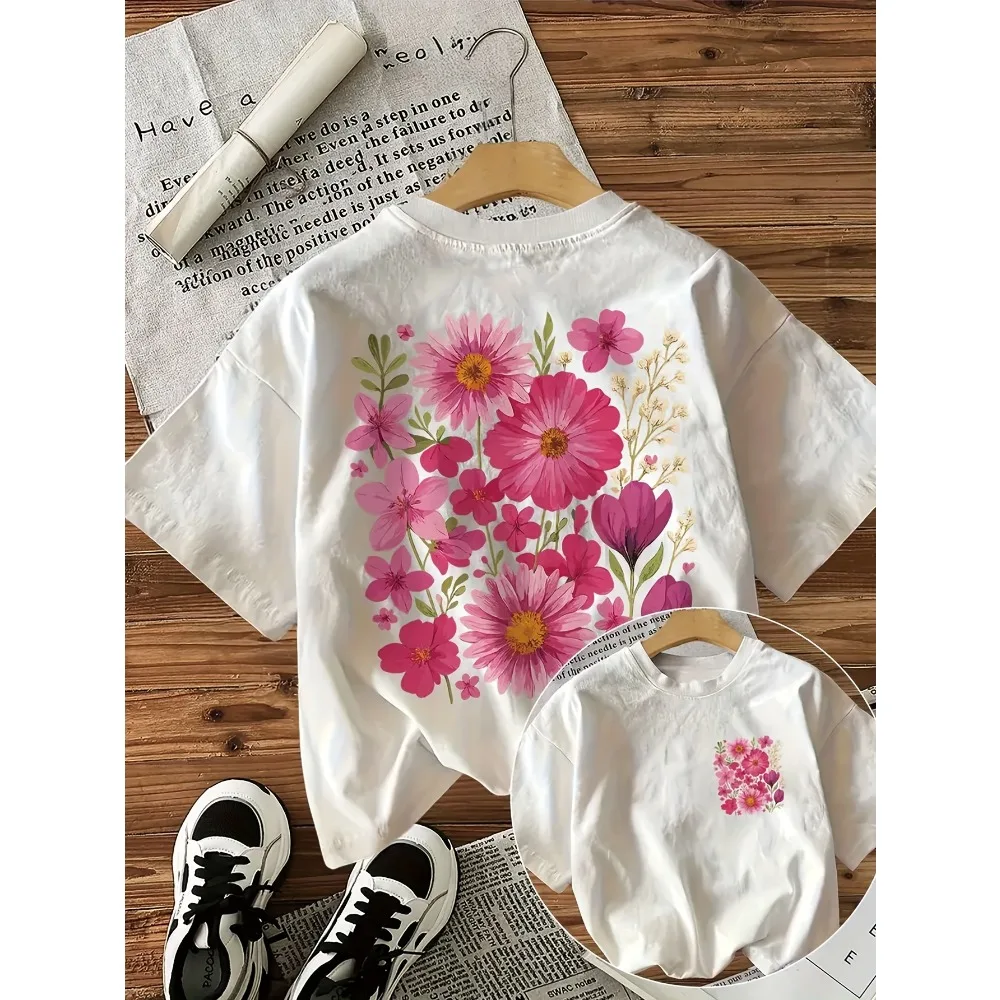 Floral Pattern Printed Short-Sleeve Round-Neck T-Shirt with Double Sided Printing Floral Print T-Shirt Vintage Style Vibrant
