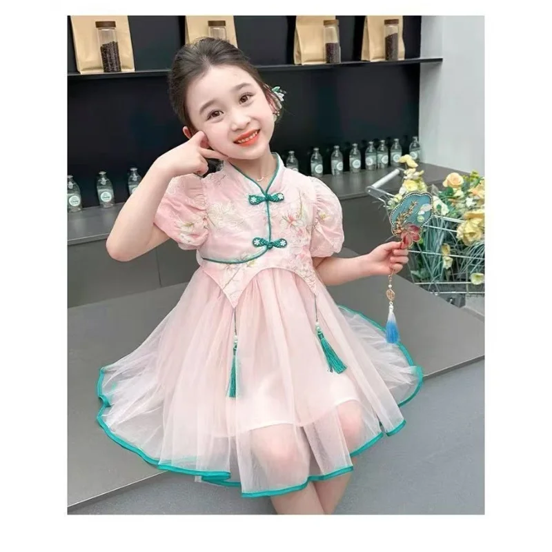 الفتيات Hanfu الصيف النمط الصيني فستان الأطفال شيونغسام 2025 موضة جديدة فستان الأميرة طفل فستان صيفي قصير الأكمام