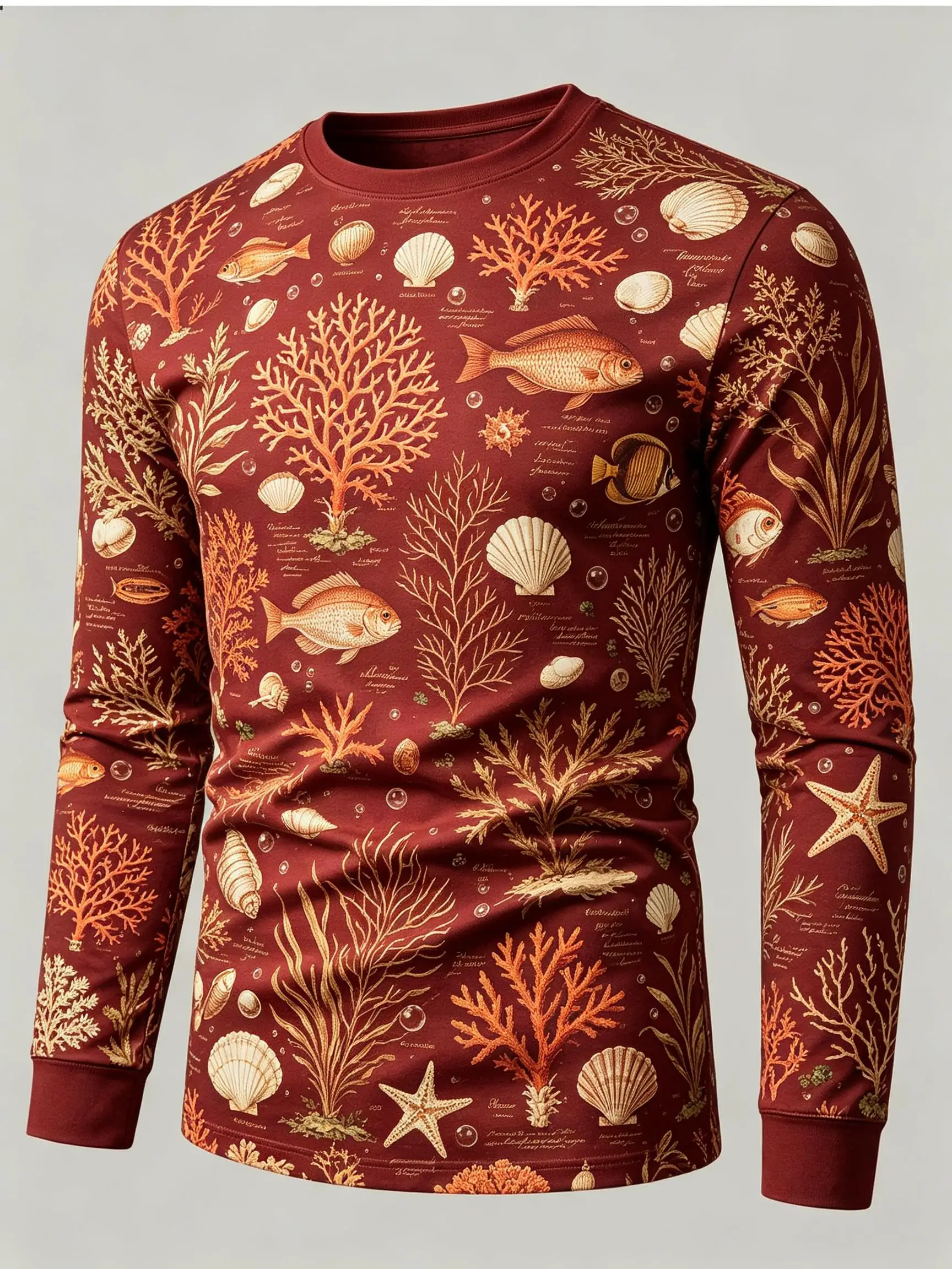 Mens Casual Long Sleeve T-shirt Burgundy Underwater Coral Shell Sea Creature Print Fashion Blouse