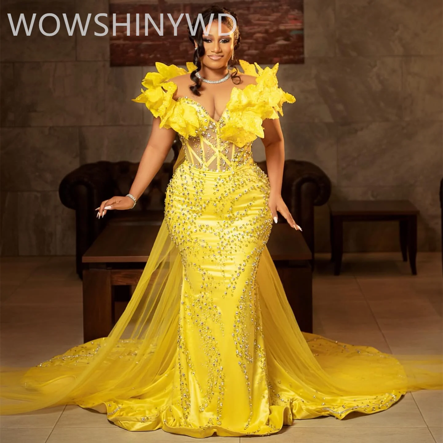 2024 Sheer Neck African Yellow Mermaid Prom Dresses Florals Rhinestones Evening Party Second Engagement Birthday Gowns Dress