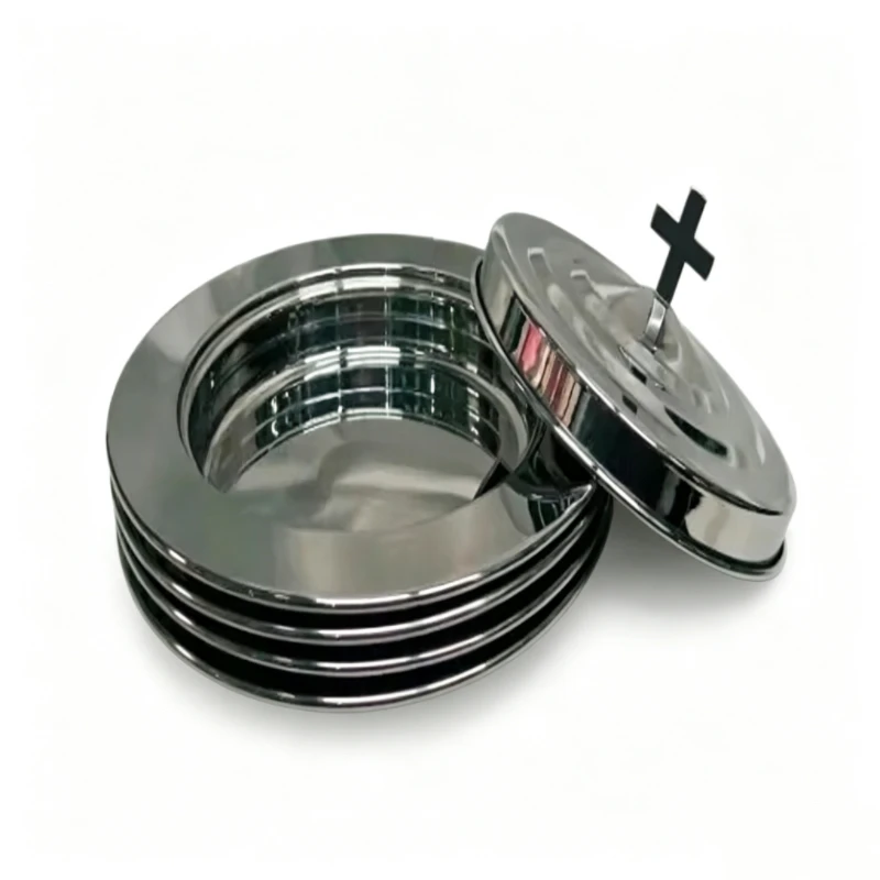 4 Layers Stainless Steel Bread Plates With Cross Lid, Holy Round Dishes, Brand New