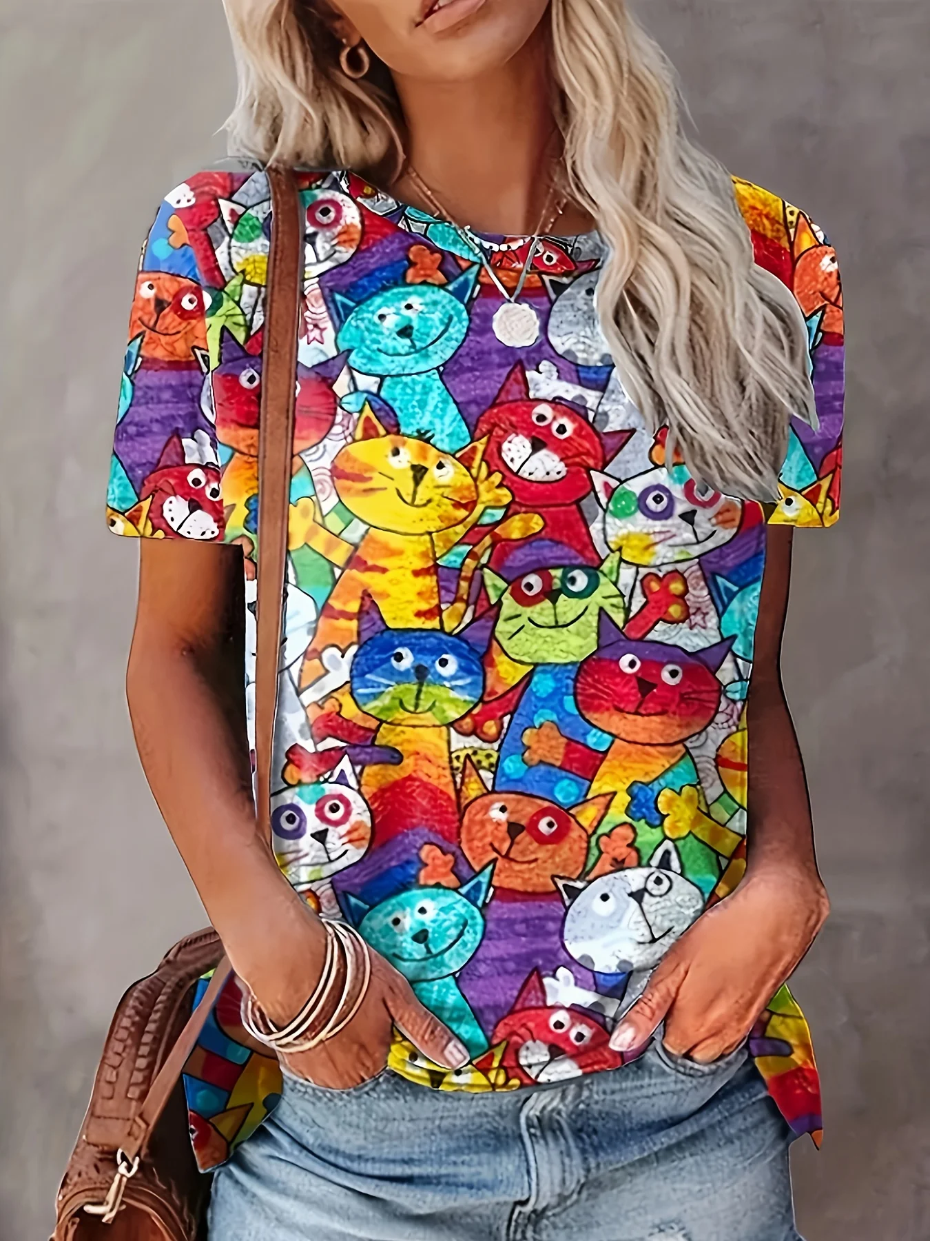 Vibrant Multi-Color Women's Tee - Playful Cartoon Cats Graphic, Cheerful Cat Print Design for Casual Daily Wear