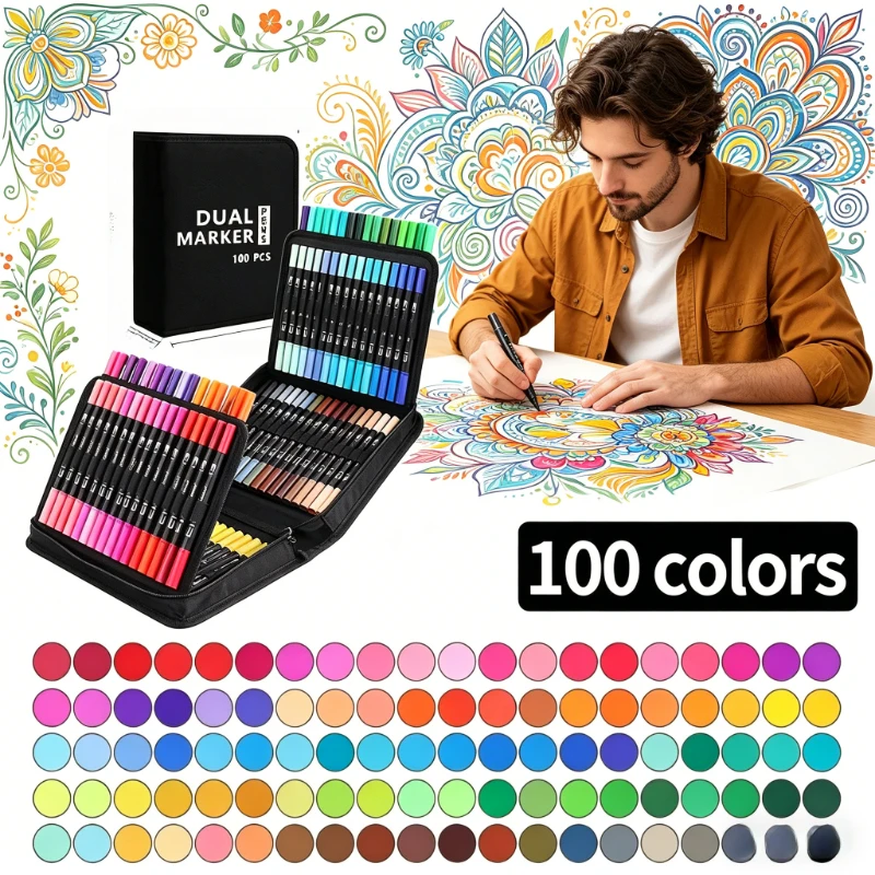 

Набор акварельных маркеров с двойным наконечником (кисть и тонкий стержень), 100 цветов, яркие ручки для рисования и каллиграфии