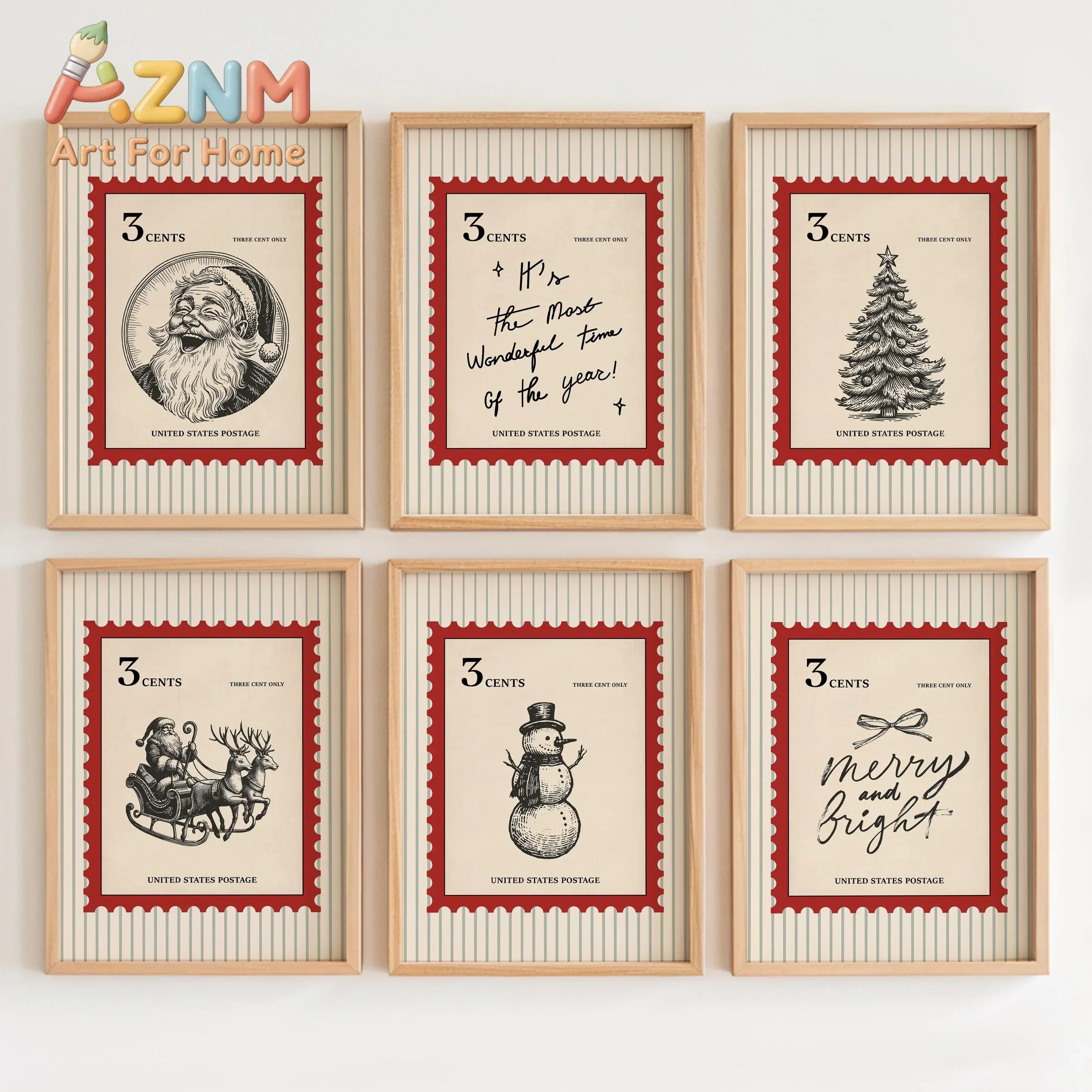 AZNM Vintage Christmas Stamp Canvas Wall Art, Retro Santa Snowman Tree Sleigh Print, Classic Holiday Postage Style Typography Po