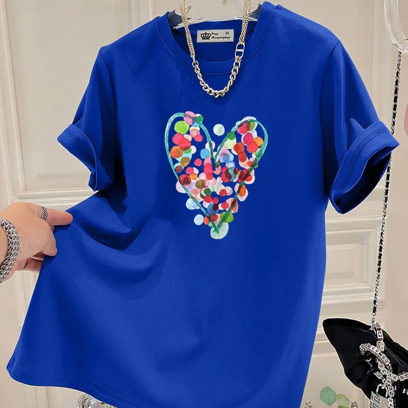 Summer Fashion Hand-Painted Polka Dot Printing T-shirts Women Pure Cotton O-neck Short Sleeve Top Tees Casual Loose Pullover