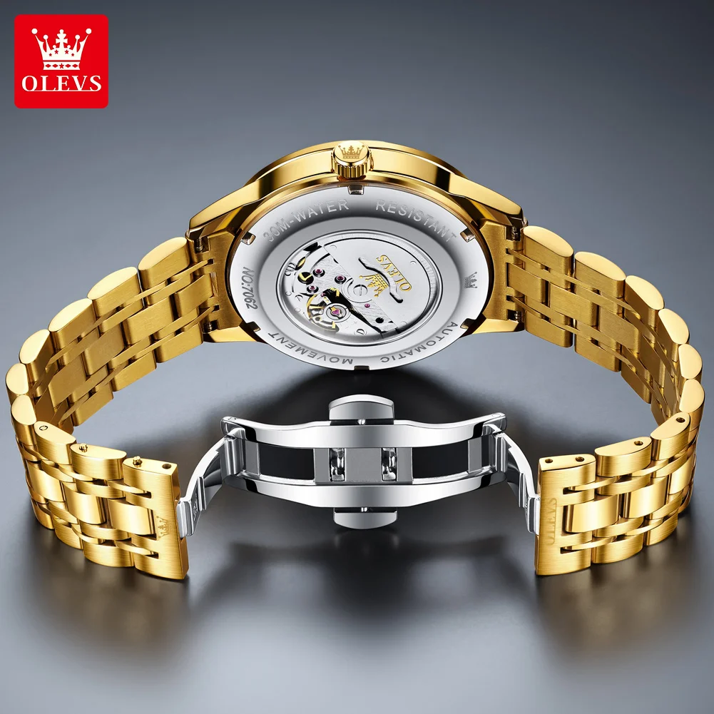 OLEVS 7062 Fashion Women Mechanical Movement Watch Elegance Style Diamond Dial Calendar Window Luminous 30m Waterproof Watch