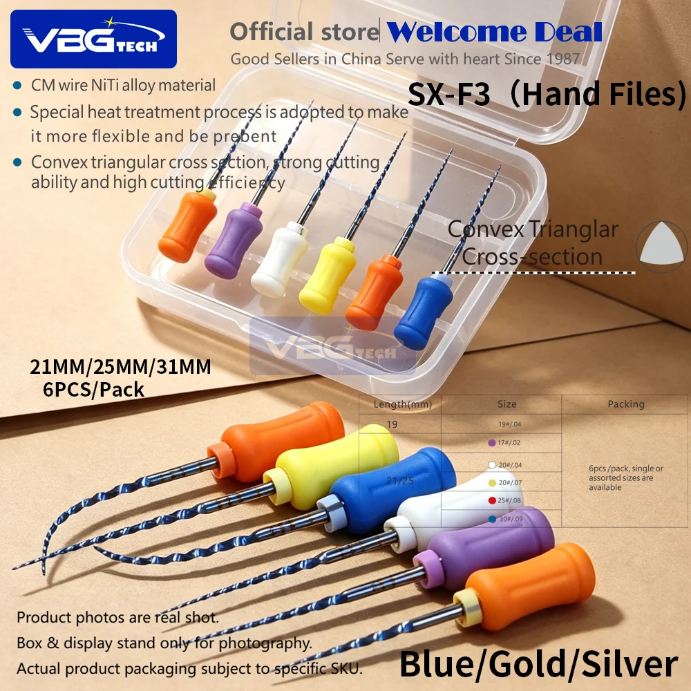 6pcs/Box Dental Endodontics NiTi Hand Use Super Rotary File SX-F3 25mm Dental Root Canal Silver Blue Golden File f4 f5  tools