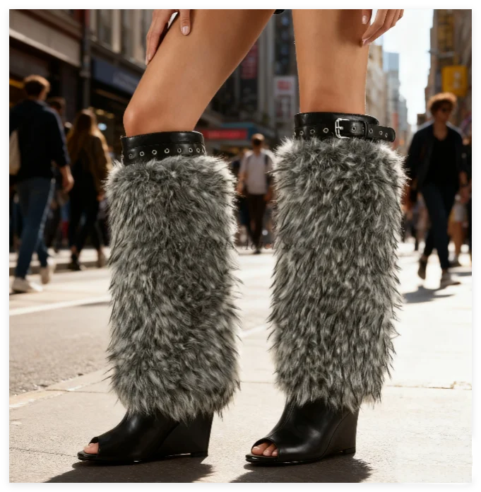 الفراء الأسود اللمحة تو أسافين كعب الجلود حذاء برقبة للركبة المرأة مثير كبيرة الحجم لينة أحذية طويلة الفاخرة مصمم 2025 جديد في الأحذية #2