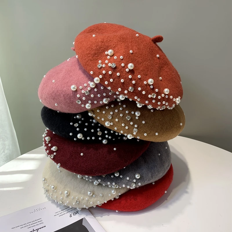 Vintage Pearl Beret Hat for Women Cashmere Winter Retro French Winter Black Red French Artist Flat Fashion Red Yellow Lady Cap