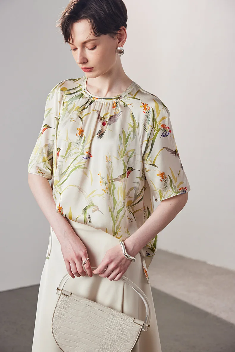 90% Natural Silk 10% Spandex Women's Blouse Printed Half Sleeves Elegant Fashion Blouse Tops