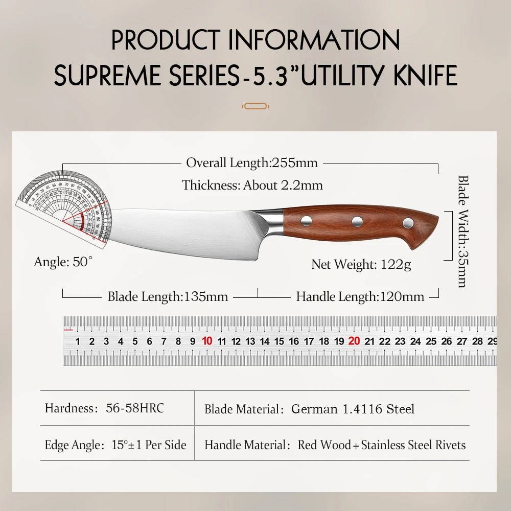 HEZHEN 5.3 Inch Utility Knife Original German Din 1.4116 Steel Kitchen Knives Gift Box Cooking Tools Redwood Handle