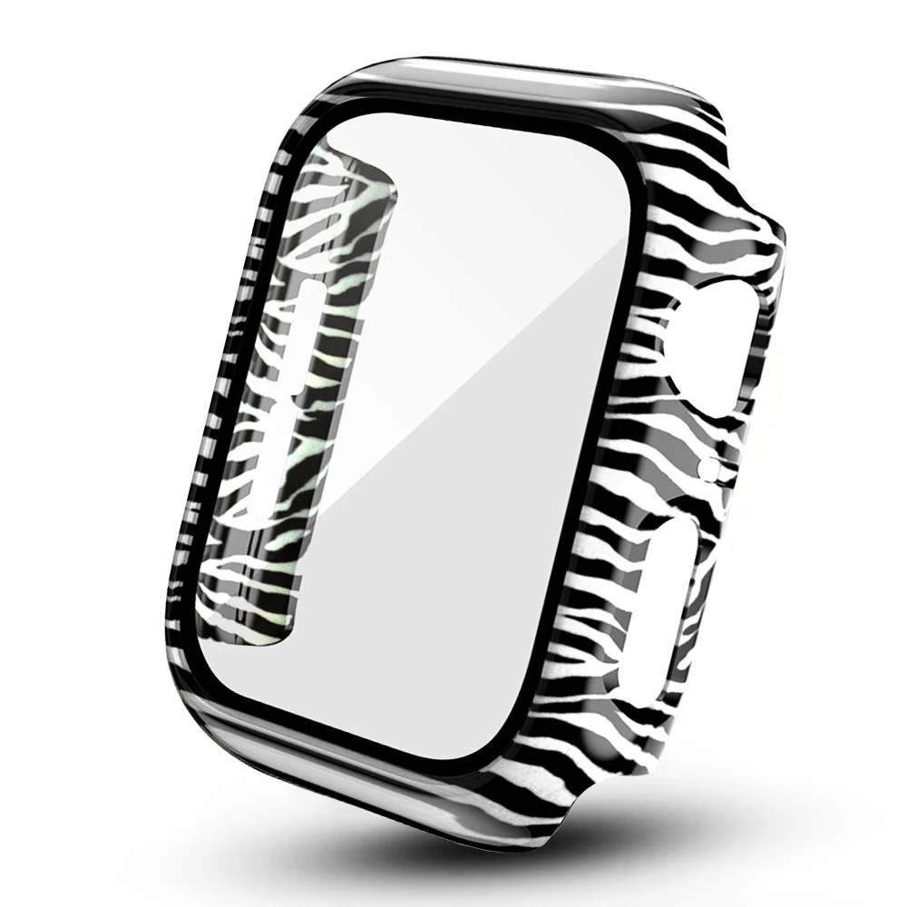 New Design Zebra Pattern PC Cover+Glass Film for Apple Watch Case Series 6 SE 5 4 3 Screen Protector 40mm 44mm 38mm 42mm Bumper