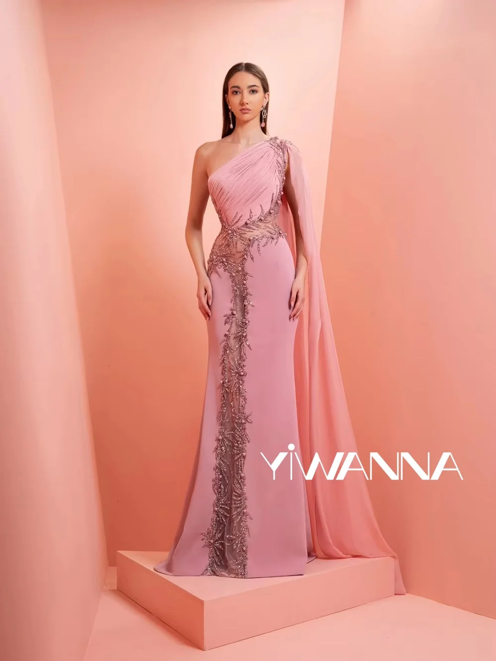 Roze sprankelende kralen satijnen avondjurk elegante één schouder lange bruiloft jurk nieuwe op maat gemaakte prachtige galajurken