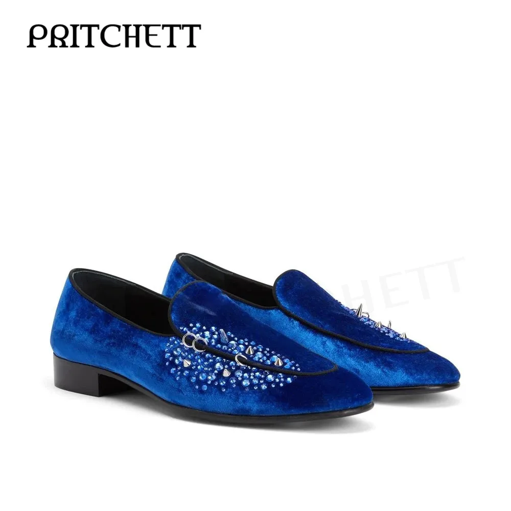 Blue Suede Metal Rivet Loafers Black Green Round Toe Medium Heel Square Root Shallow Mouth Comfortable Casual Men's Shoes