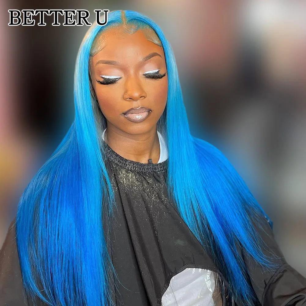 

13x4 13X6 Lace Front Pre-Stretched Wig Transparent Lace Front Wig Human Hair High Gloss Wig Omber Blue Straight 250 Density