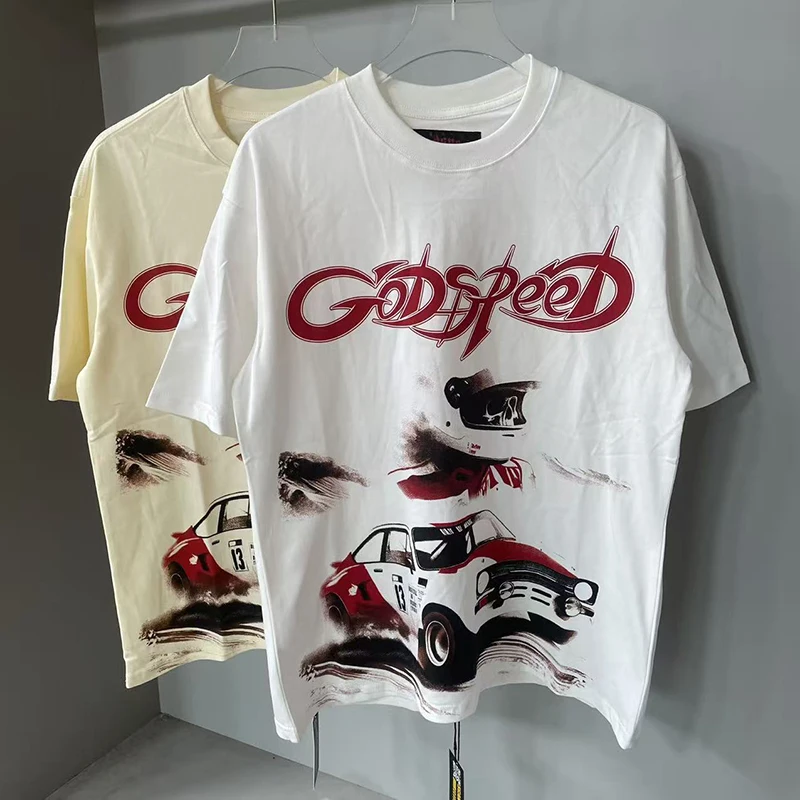 جديد 2025 Godspeed التي شيرت الأمريكية شارع العليا الهيب هوب العصرية العلامة التجارية الأبيض الأرجواني الصيف عادية فضفاض الجمجمة طباعة القطن 100%