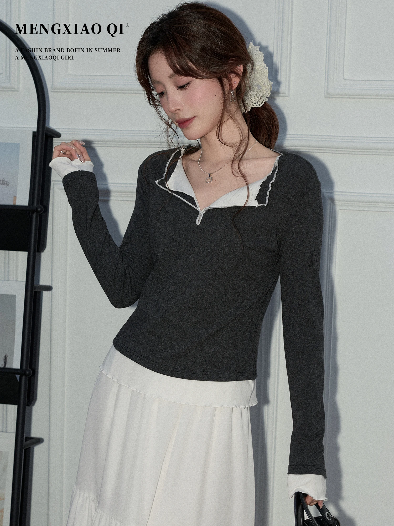 

Meng Xiaoqi Long Sleeve Slim Fit T-Shirt Women's Spring New Style Color Block Design Casual Korean Fashion Top