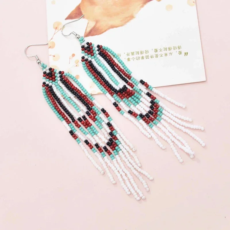 ZGMXR Rice bead earrings Clashing colours Fashion Minimalist Hand-woven Tassels Geometry Design Bohemian Alloy Beaded earrings
