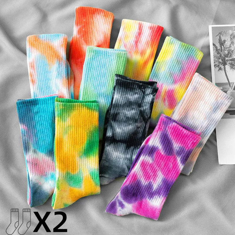 CHRLEISURE 2 Pairs/Set Mid-tube Men\'s Cotton Socks Tie Dye Trend Socks Gradient Color Fashion Sports Personality Socks