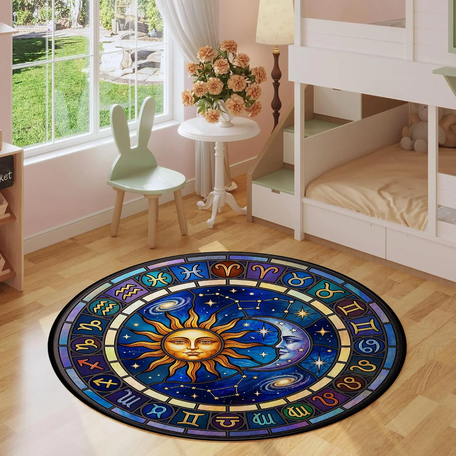 Zodiac Signs Astrology Sun Moon Star Stained Glass Celestial Blue Galaxy Pattern Holiday Luxury Round Mat Area Rug Home Decor