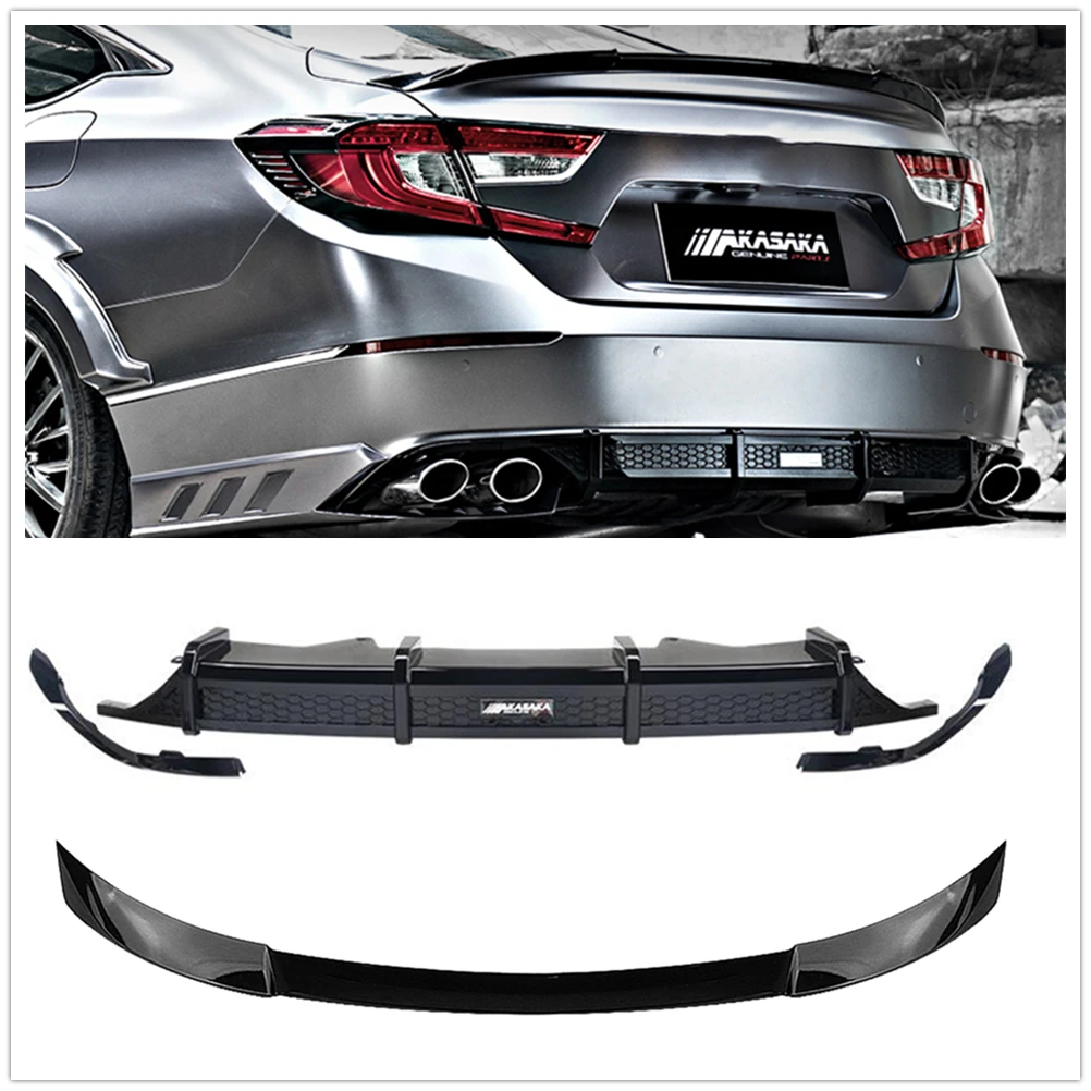 

AKASAKA For Honda Accord 10th 2018-2020 Glossy Black Trunk Lid Spoiler Wing Splitter+Rear Bumper Diffuser Lip Exhaust Bracket