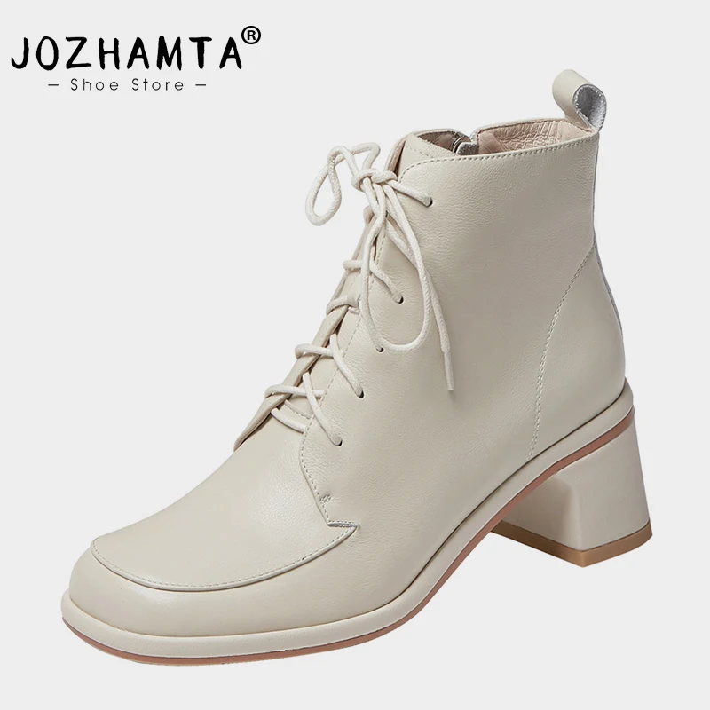 

JOZHAMTA Size 33-40 Women Ankle Boots Real Leather Lace-Up Block High Heels Shoes Fall Winter Short Booties Casual Office Dress