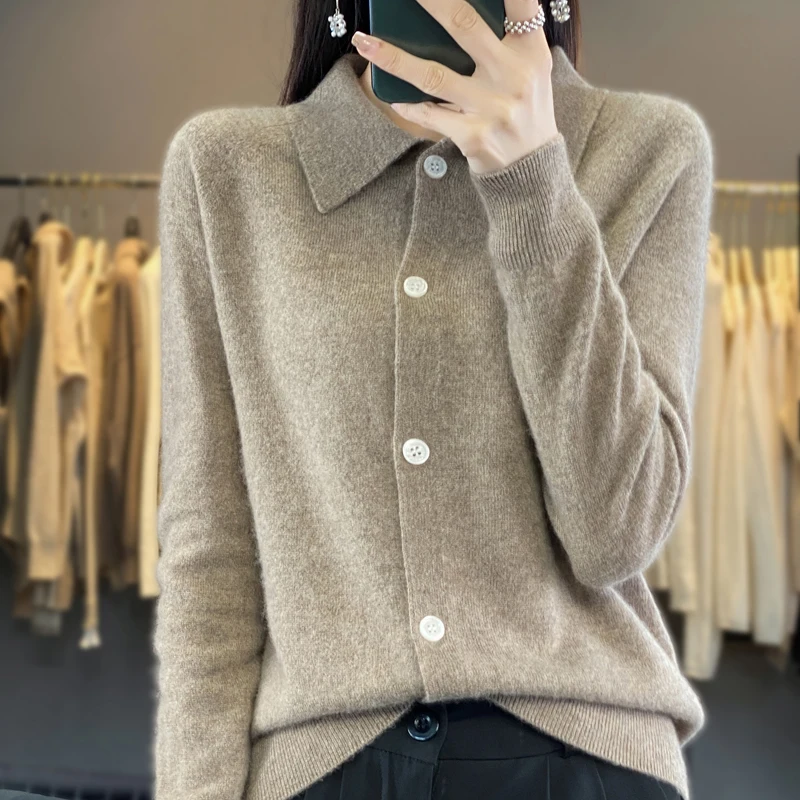 Spring Autumn New Cardigan Women\'s 100% Merino Wool Sweater Female Clothing POLO Collar Knitted Cardigan Slim Fashion Shirt Tops