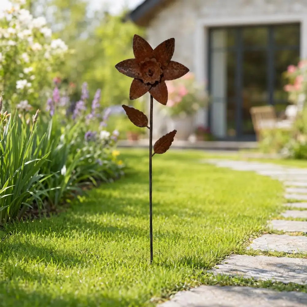 Rusty Garden Decorative Stakes, Metal Flowers Decoration, Distressed Metal Flower Stake, Plant Container Decorations for Indoor