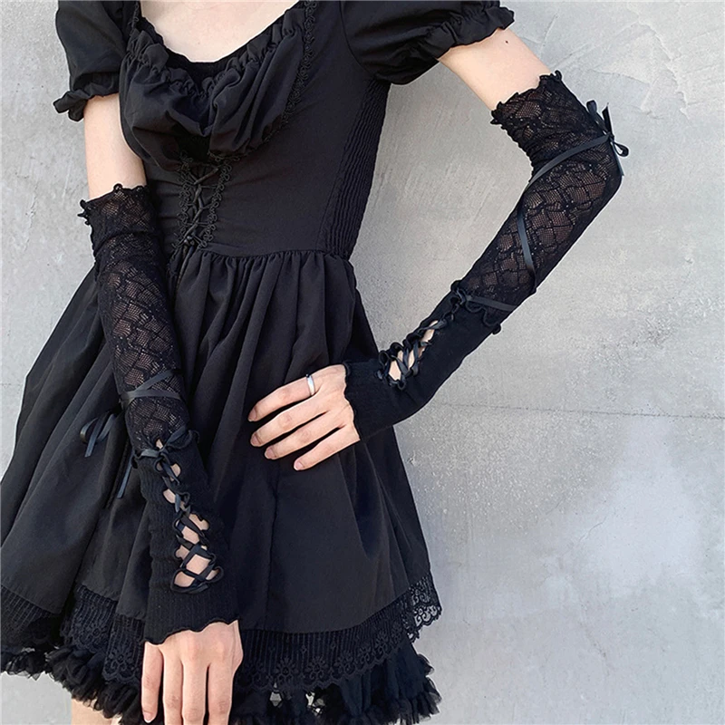 Women Lolita Jk Lace Fingerless Gloves Black Gothic DIY Strapping Sunscreen Sleeve Clothing Accessories Elastic Mesh Punk Gloves