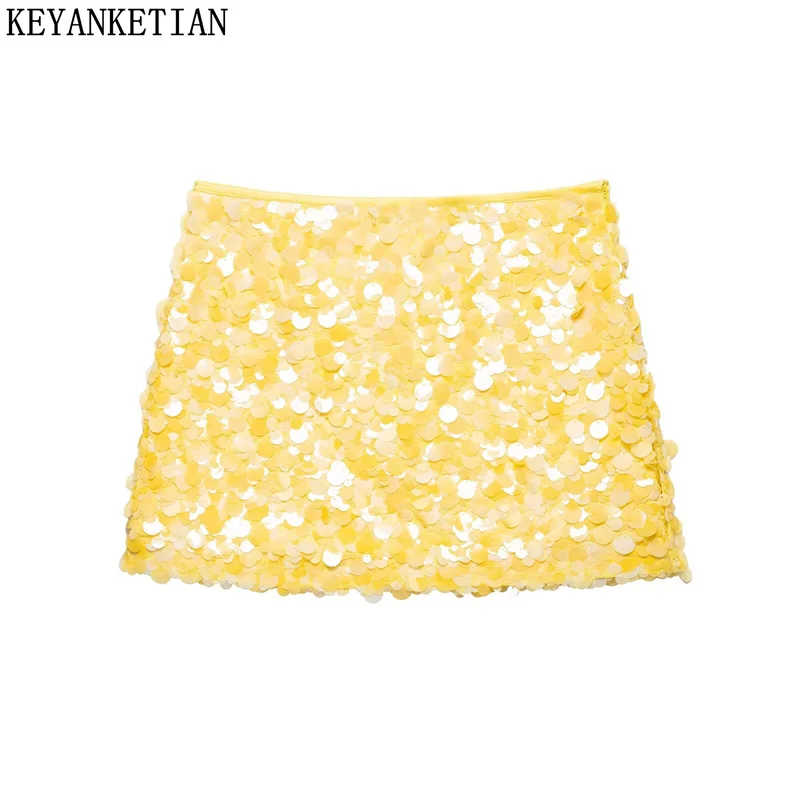 

KEYANKETIAN 2025 New Women's Yellow sequin decoration Mini skirt Sexy Club Fashion Side Zipper High Waist Shiny A Line Skirt