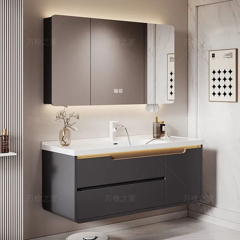 for Bathroom Rounded Corner Ceramic Integrated Basin with Cabinet Combo Washbasin Sink Vanity Unit Modern Design