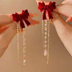 925 Silver Needle Wine Red Flocking Bow Pearl Tassel Earrings For Women Jewelry 2026 Trending Long Bridal Dress Earrings JN9
