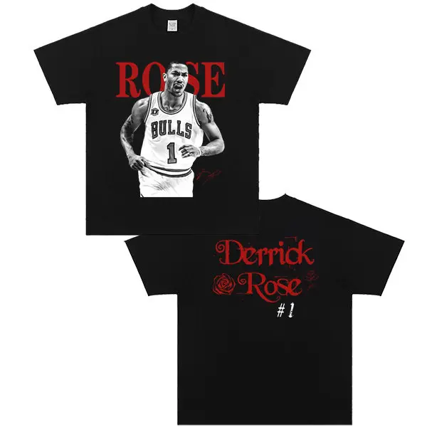 2026 Derrick Rose Wind City Rose Rose Portrait American Star T-shirt with Print of Short Sleeve