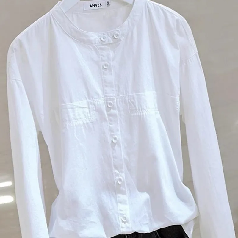 

Round Neck White Long-sleeved Women's Spring Autumn New Loose Short Fashion Style Shirt Tops