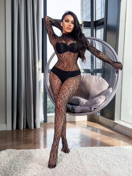 YC2334 Popular Leopard Printing Sexy Lingerie with Gloves Mesh Bodystockings Hollow Out Full Body  Fishnet Bodycon