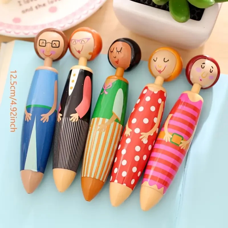 5Pcs Cartoon Character Retractable Ballpoint Pens, Quick-Dry Ink, Fine Point, Oval Shape - Fun Office Supplies Supplies