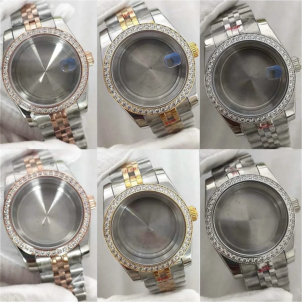 

36mm/39mm Watch Case+Strap Sapphire Glass Diamond Bezel Case for NH35 NH36 4R 7S Movement Watch Parts Silver Gold Rose Case