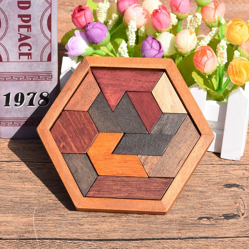 Rompecabezas hexagonal Tangram, rompecabezas de madera para adultos y niños, juegos lógicos de desafío IQ, Casse Tete Rompecabezas Montessori